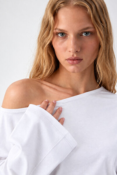 COMBİNE MİCHAİL Asymmetric Collar Casual White Knitted Blouse