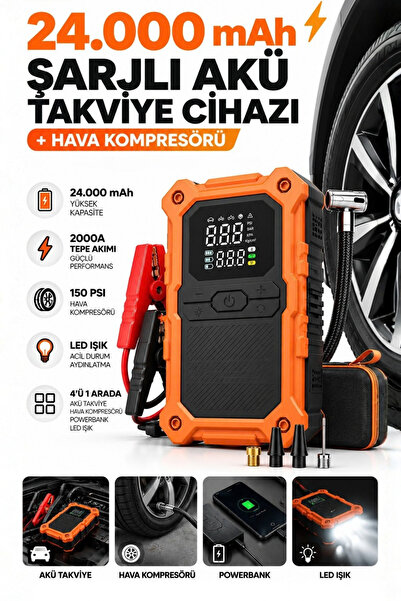 Yussraw 24.000mAh Şarjlı Akü Takviye Cihazı Çantalı 2000A Tepe Akımlı Akü Takviyeli Oto Hava Kompresör