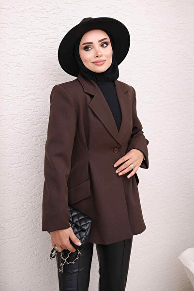 İmajButik Kahverengi Kruvaze Yaka Beli Pensli Blazer Ceket