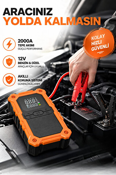 Yussraw 24.000mAh Şarjlı Akü Takviye Cihazı Çantalı 2000A Tepe Akımlı Akü Takviyeli Oto Hava Kompresör