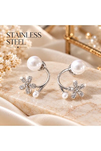 stainless steell Silver Color Pearl Flower Design Tarnish Resistant Steel Ear...