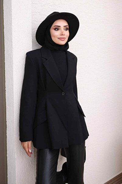 İmajButik Black Double-Breasted Collared Blazer Jacket with Pencil Waistband