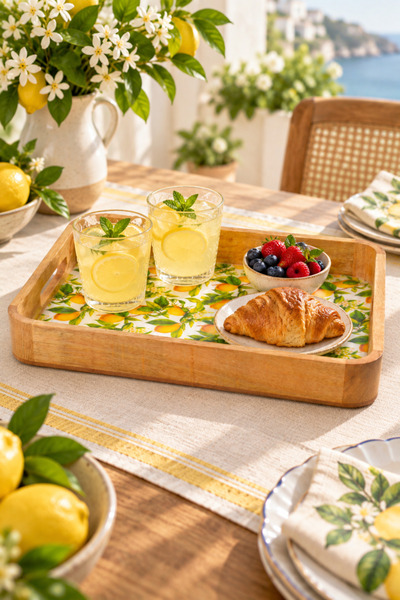 Tohana Doğal Mango Ağacı Kulplu Dikdörtgen Sunum Tepsisi 33x22 cm Limon Desen...
