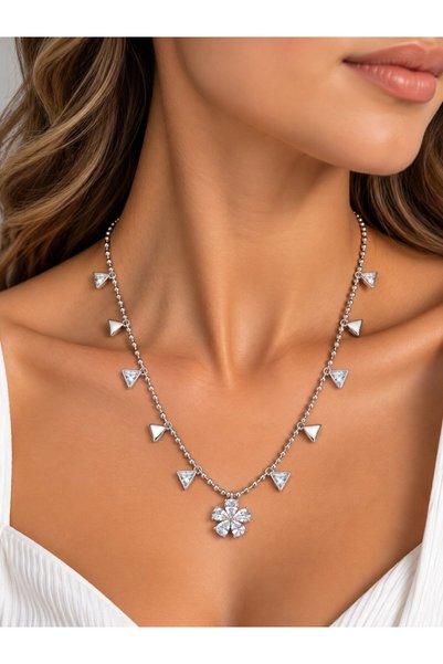 serelya Brass Silver Color Zircon Stone Flower Model Women's Necklace