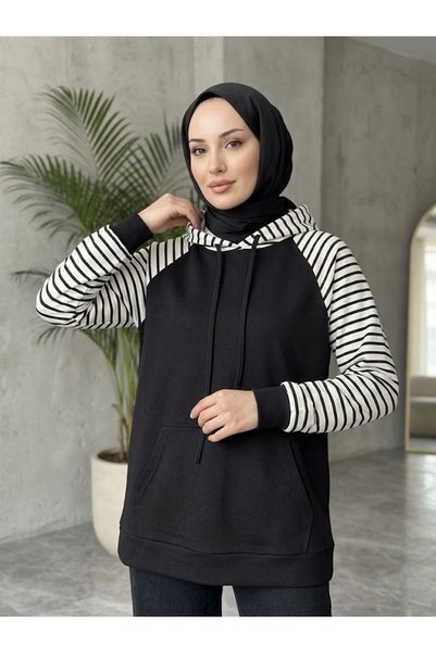 Lunsera Store تونيك مخطط بجيب كنغر وغطاء للرأس - أسود