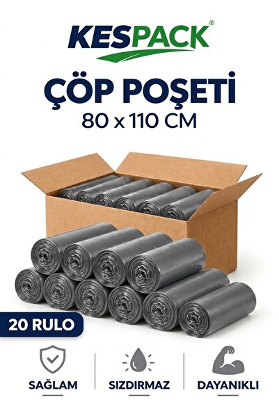 KESPACK Lüks Çöp Poşeti 80x110 Jumbo Boy 20 Rulo 200 Adet Kalın Gri Çöp Torbası