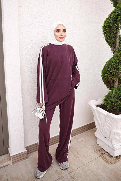 İmajButik Plum Contrast Stripe Detailed Tunic and Trousers Set