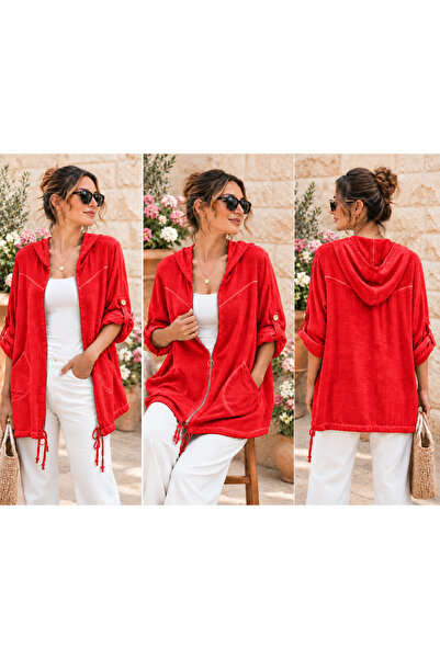 AGORATEKSTİL Women's Washed Cotton Fabric Capri Sleeve Folded Zipper Hooded J...
