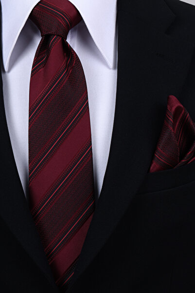 Esgue Hand Made 8 cm Striped Pattern Red Claret Red Color Handkerchief Tie