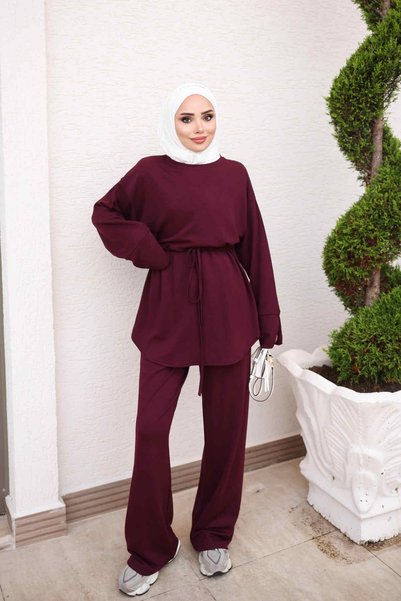 İmajButik Mürdüm Bel Tie-Detail Tunic Trouser Set