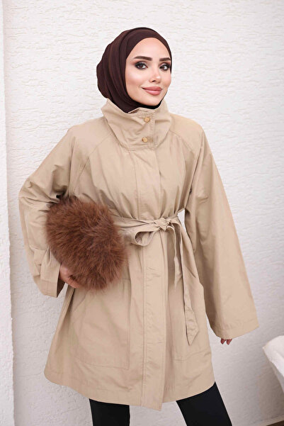 İmajButik معطف بيج بياقة عالية وسحاب وحزام عند الخصر