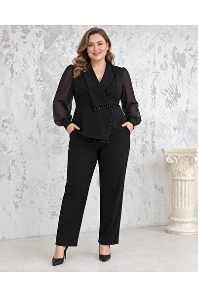 hazelin Women's Plus Size Black Double Breasted Collar Beaded Fringe Detailed...