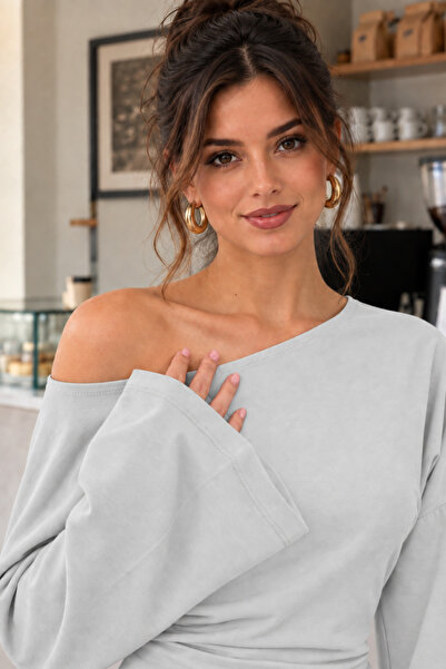 COMBİNE MİCHAİL Women's Open Collar Spanish Sleeve Gray Blouse