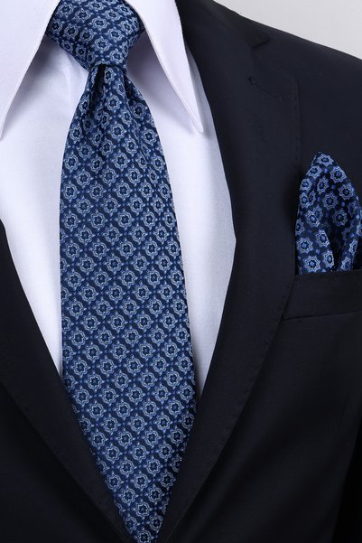 Esgue Hand Made 8 cm Motif Pattern Navy Blue Color Handkerchief Tie