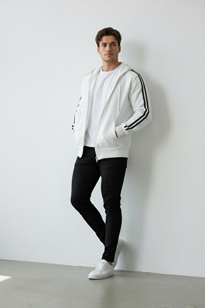 Altamira Men's White Stripe Detailed Hooded Oversize Cardigan
