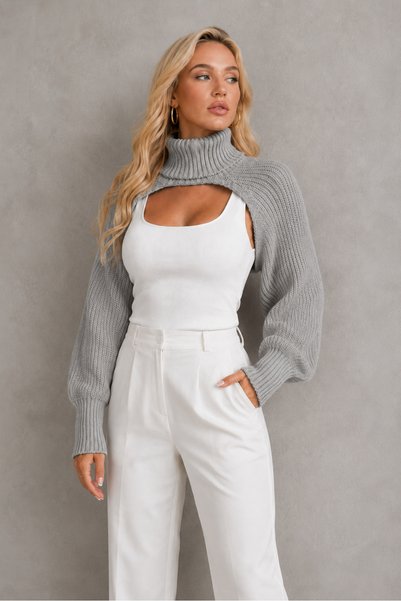 TRQOM Women's Long Sleeve High Neck Modern Design Textured Elegant Soft Textured Stylish Casual Gray Knitwear Neck Collar Bolero