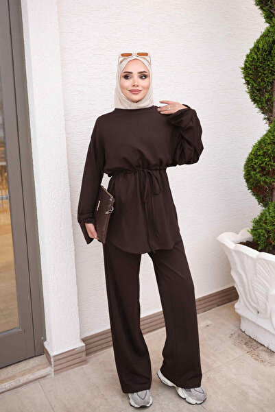 İmajButik Brown Waist-Tie Tunic and Trousers Set