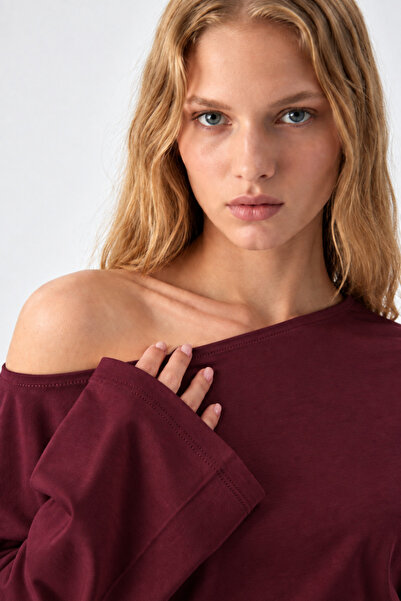 COMBİNE MİCHAİL Asymmetric Collar Casual Burgundy Knitted Blouse