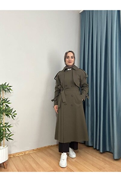 hefa moda Kadın Kruvaze Yarım Astarlı Allerli Trençkot 120 Cm Ara Boy