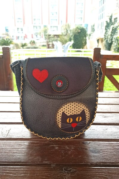 Fildişi Aksesuar Handmade Women's Bag Vegan Leather Cat Image Dark Green Colo...