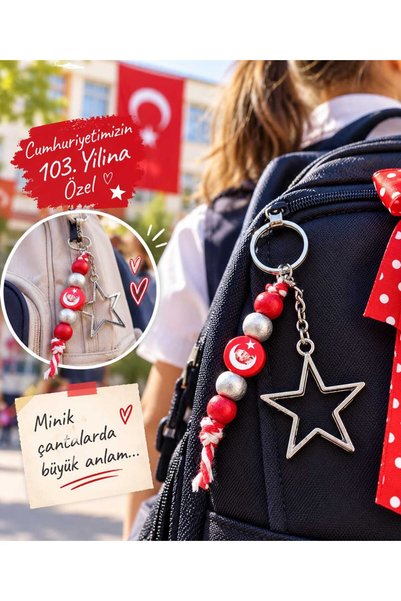 Butenin Atölyesi Republic Day, April 23Rd Gift, 10 Pieces, Metal Star and Red-Gray Bead Detailed Ataturk Keychain, Bag Charm