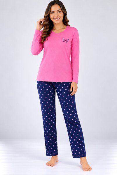 Serena Women's pink long-sleeved pajamas and navy blue long pants with polka ...