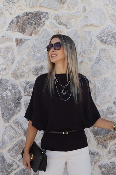 bytugcekaya Acı Kahve Standart Beden Yarasa Kol Kemerli Triko Kazak