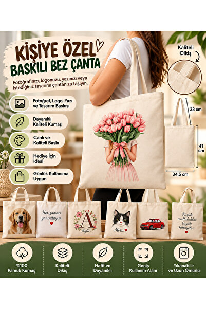 2 adet Kişiye Özel Baskılı Bez Çanta - Fotoğraflı, Logolu, Yazılı Tasarım - Günlük Kullanım ve Hediye