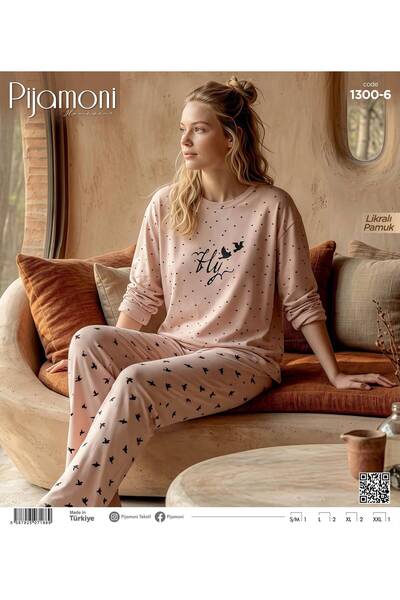 Pijamoni طقم بيجامة نسائي من القطن المرن والمريح بأكمام طويلة