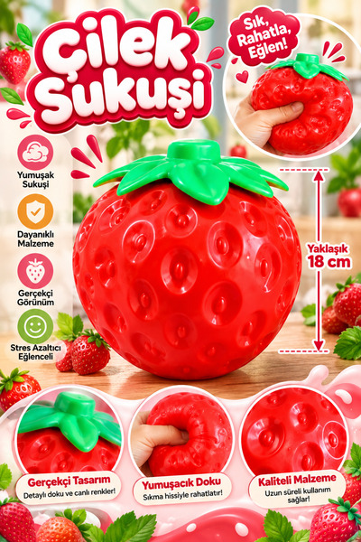 Gezinfini Hediyelik Dev Çilek Squish | En büyük boy çilek sukuşi | Stres azaltan oyuncak