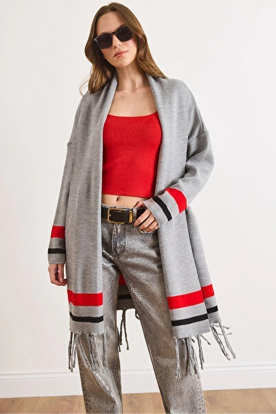 Olalook Women's Gray Fringed Slit Shawl Collar Knitwear Cardigan Hrk-19000447