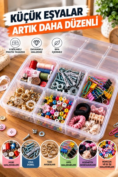 grimorlife 6 Bölmeli Plastik Organizer Düzenleyici Kutu – Takı, Makyaj, Aksesuar ve Çekmece İçi Düzenleyici