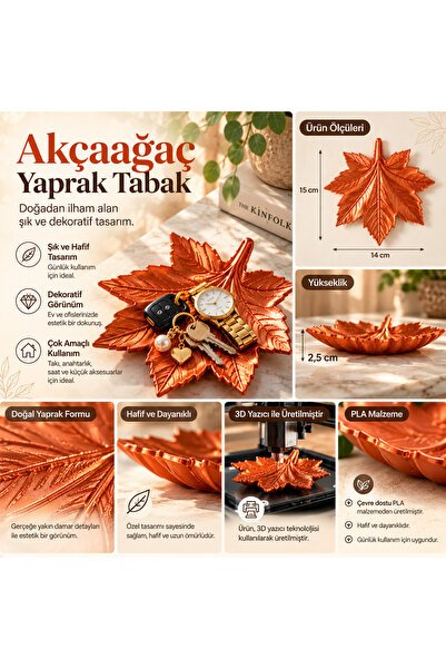Akçaağaç Yaprak Dekoratif Takı ve Anahtarlık Tabağı – 3D Baskı PLA Çok Amaçlı Düzenleyici – Terracotta