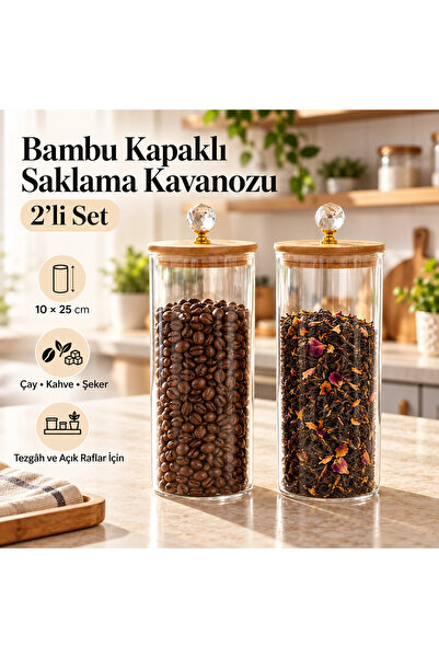 Şık Tasarımlı Bambu Kapaklı Saklama Kavanozu – 2’li Set