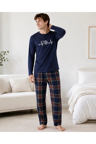 TOSKI Pijama Bărbați cu Mânecă Lungă, bluză bumbac și pantalon în carouri, Bl...
