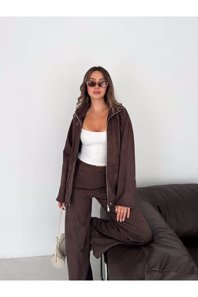 Pukka Women's Suede Fabric Stand Collar Jacket with Snap Fasteners, Hidden Zipper and Multiple Pockets