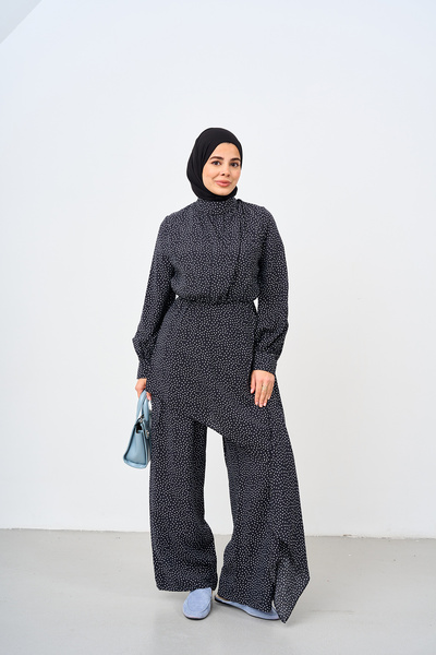 LOCCO Women's Small Polka Dot Detailed Elastic Waist Suit Black