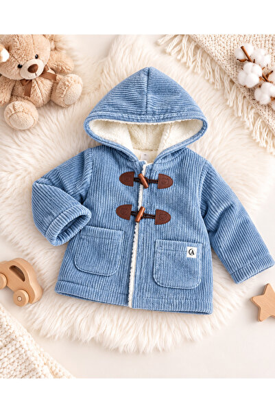 Chicsy Baby Premium İçi Peluşlu Kadife Çizgili Erkek Bebek Montu Kapüşonlu Dü...