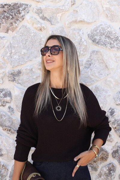 bytugcekaya Πουλόβερ πλεκτό με λαιμόκοψη καγιάκ σε σκούρο μοβ στάνταρ μέγεθος
