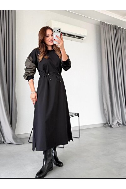YVONNE Kolları Paraşüt Oversize Siyah Midi Elbise
