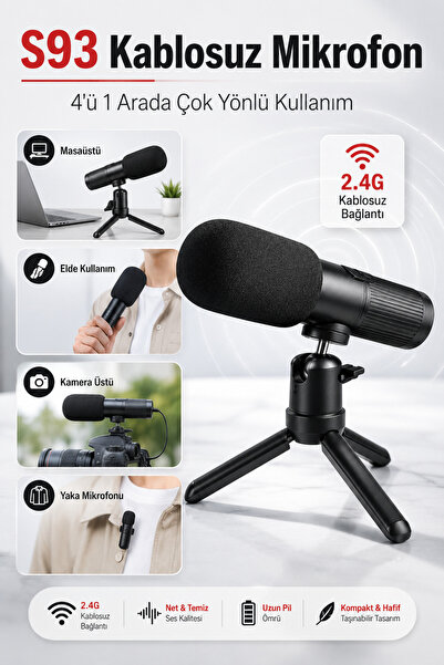 Leonpro S93 2.4G Kablosuz Mikrofon 4’ü 1 Arada Yaka El Kamera Üstü Masaüstü Mikrofon Podcast Vlog Yayın İçin