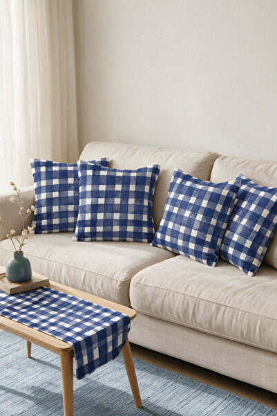 LadiesHome Navy Blue Gingham Double-Sided Printed Suede 5-Piece Throw Pillow ...