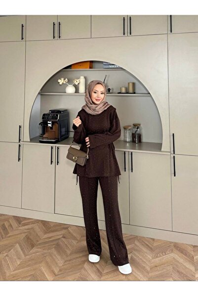 Zeyrek's Women's Black Modal Fabric Stone Double Suit |   Hijab Suit |