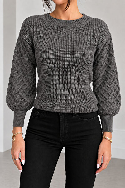 hanope Women's Crew Neck Long Sleeve Balloon Sleeve Hair Braided Anthracite K...