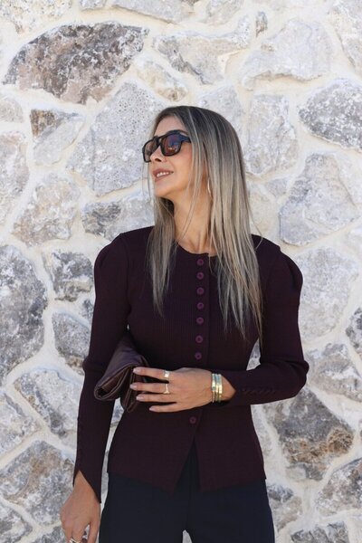 bytugcekaya Mürdüm Standart Beden Düğme Ve Kol Detay Hırka