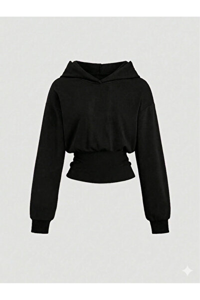 Rue Lora Butik Kadın Oversize Kristal Taş Baskılı Kısa Kapüşonlu Crop Sweatshirt