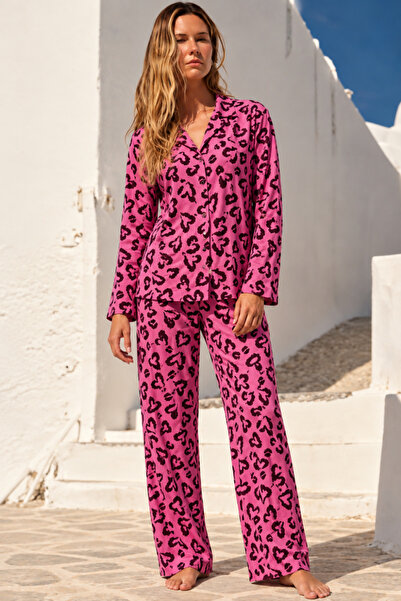 Mindy Women's Shirt Collar Patterned Lilac Pajama Set