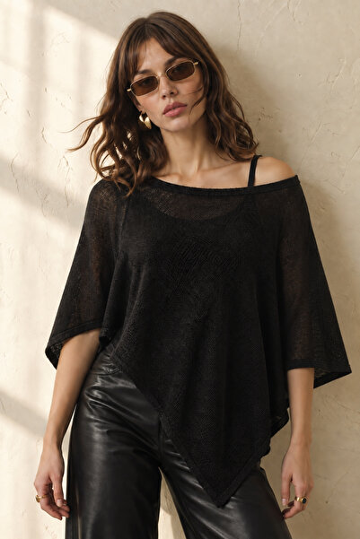 AFVENTE Women's Asymmetrical Draped Oversize Viscose Cape Knitwear Blouse Black
