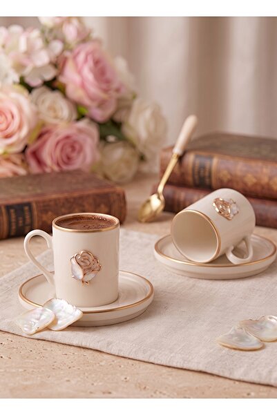 REGNA HOME Fine Living Roses Cream 4 Piece 2 Person Gilded Porcelain Coffee C...