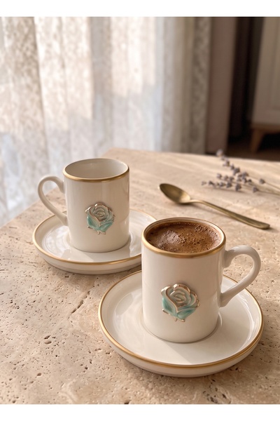 REGNA HOME Fine Living Roses Mint Green 4 Piece 2 Person Gilded Porcelain Cof...
